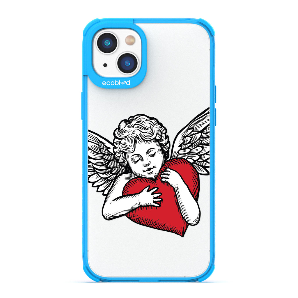 Love Collection - Blue Compostable iPhone 14 Plus Case - Black & Grey Tattoo Style Cupid Holding Red Heart On A Clear Back