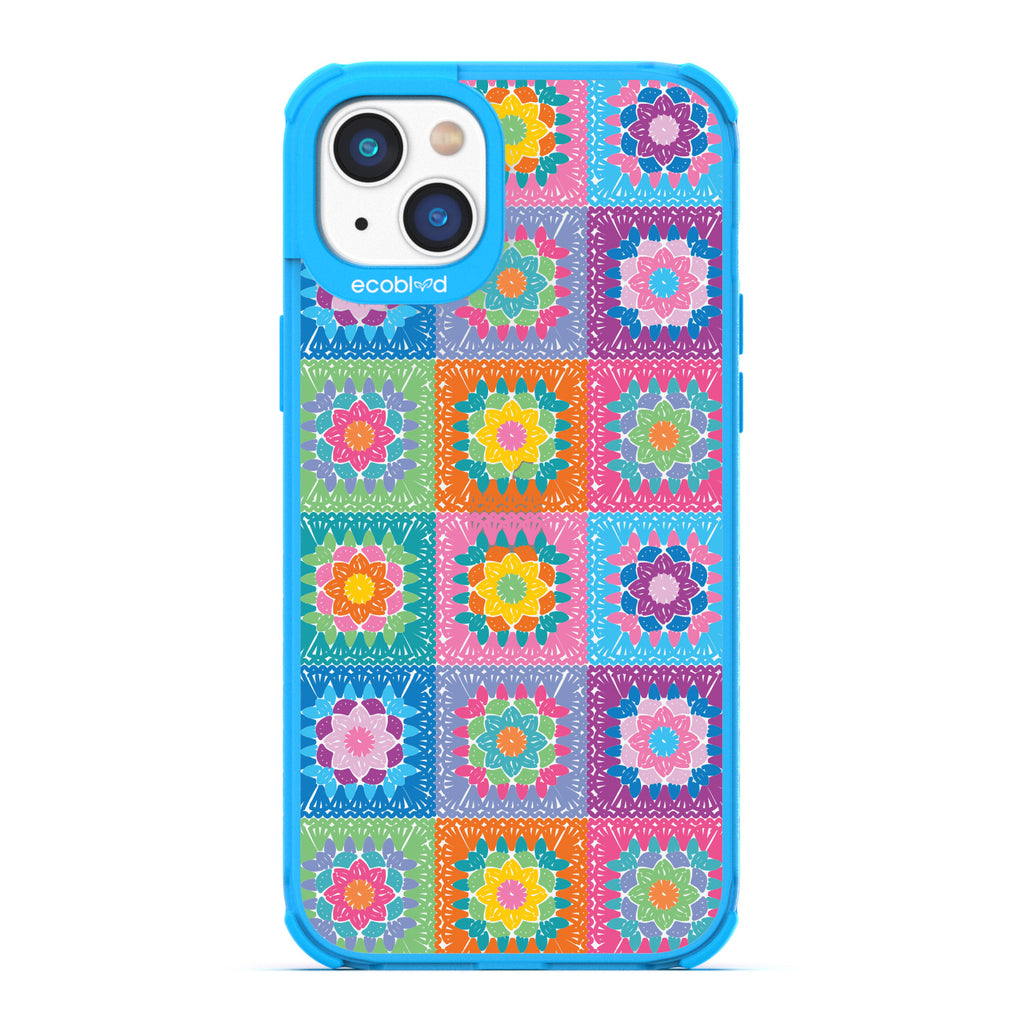 Spring Collection - Blue Compostable iPhone 14 Plus Case - Pastel Vintage Granny Squares Crochet Pattern On A Clear Back