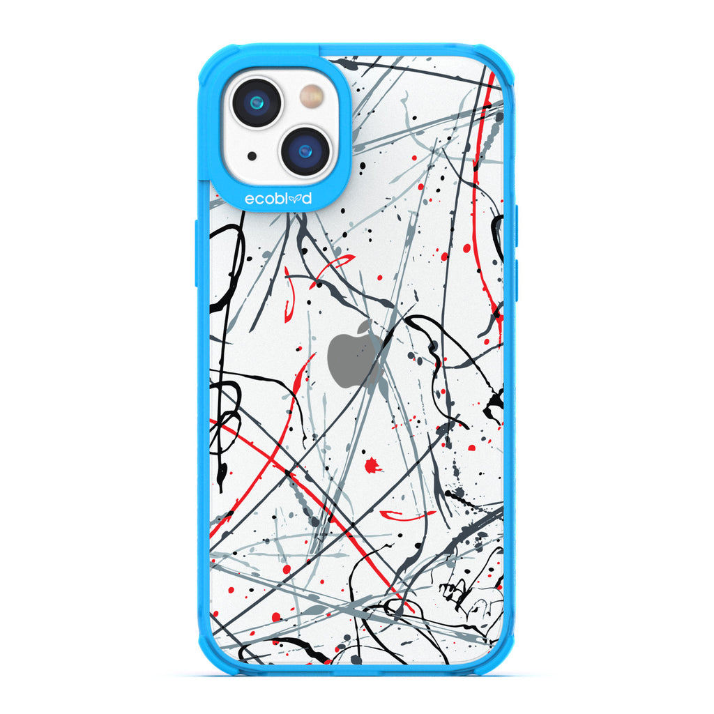 Contemporary Collection - Blue Compostable iPhone 14 Case - Black & Red Paint Splatter On A Clear Back
