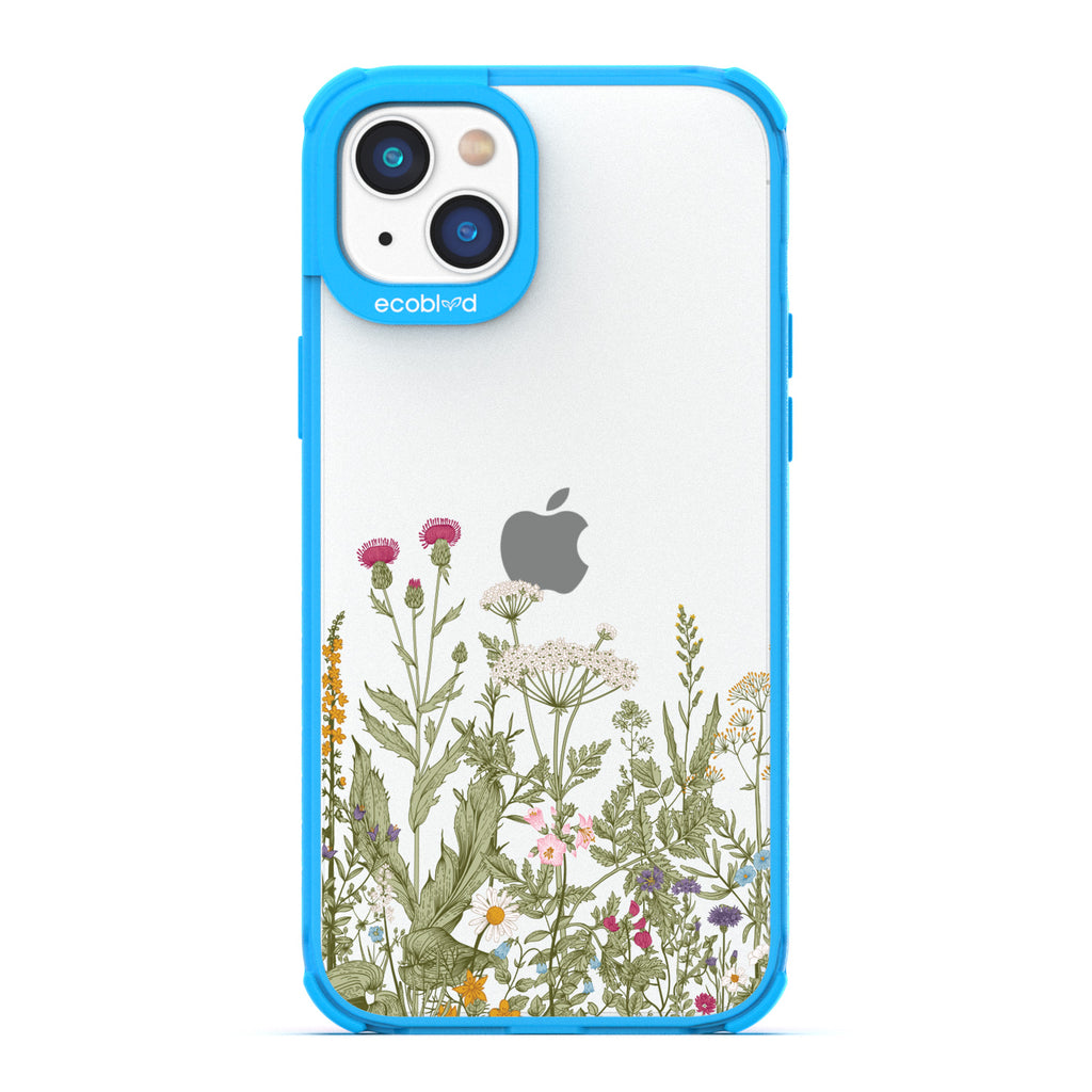 Spring Collection - Blue Compostable iPhone 14 Plus Case - Wild Herbs & Flowers Botanical Herbarium On A Clear Back