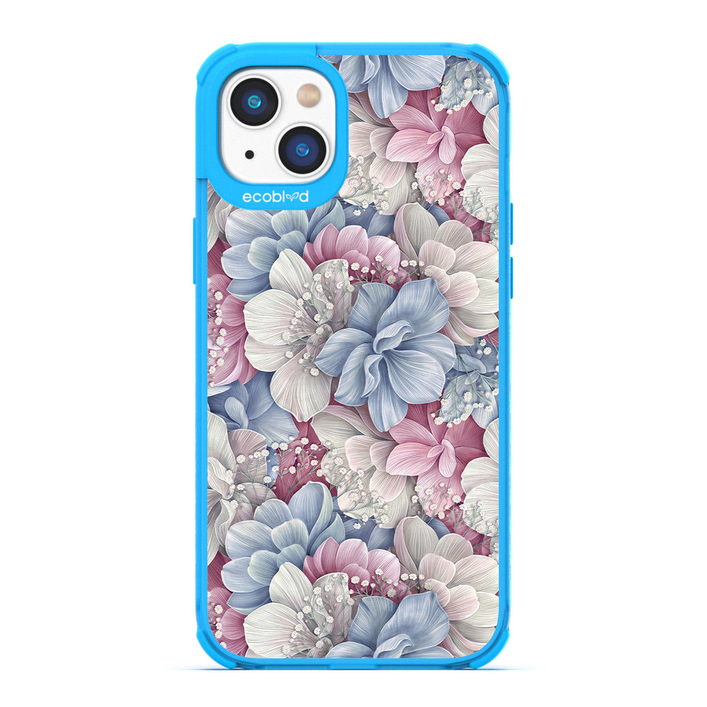 Spring Collection - Blue Compostable iPhone 14 Case - Dewey Pastel-Colored Watercolor Hydrangeas On A Clear Back