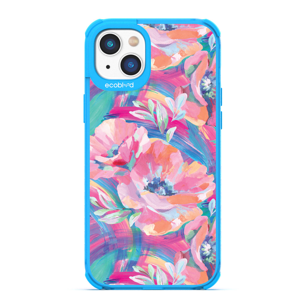 Spring Collection - Blue Compostable iPhone 14 Case - Pastel-Colored Abstract Painting Of Poppies On Clear Back