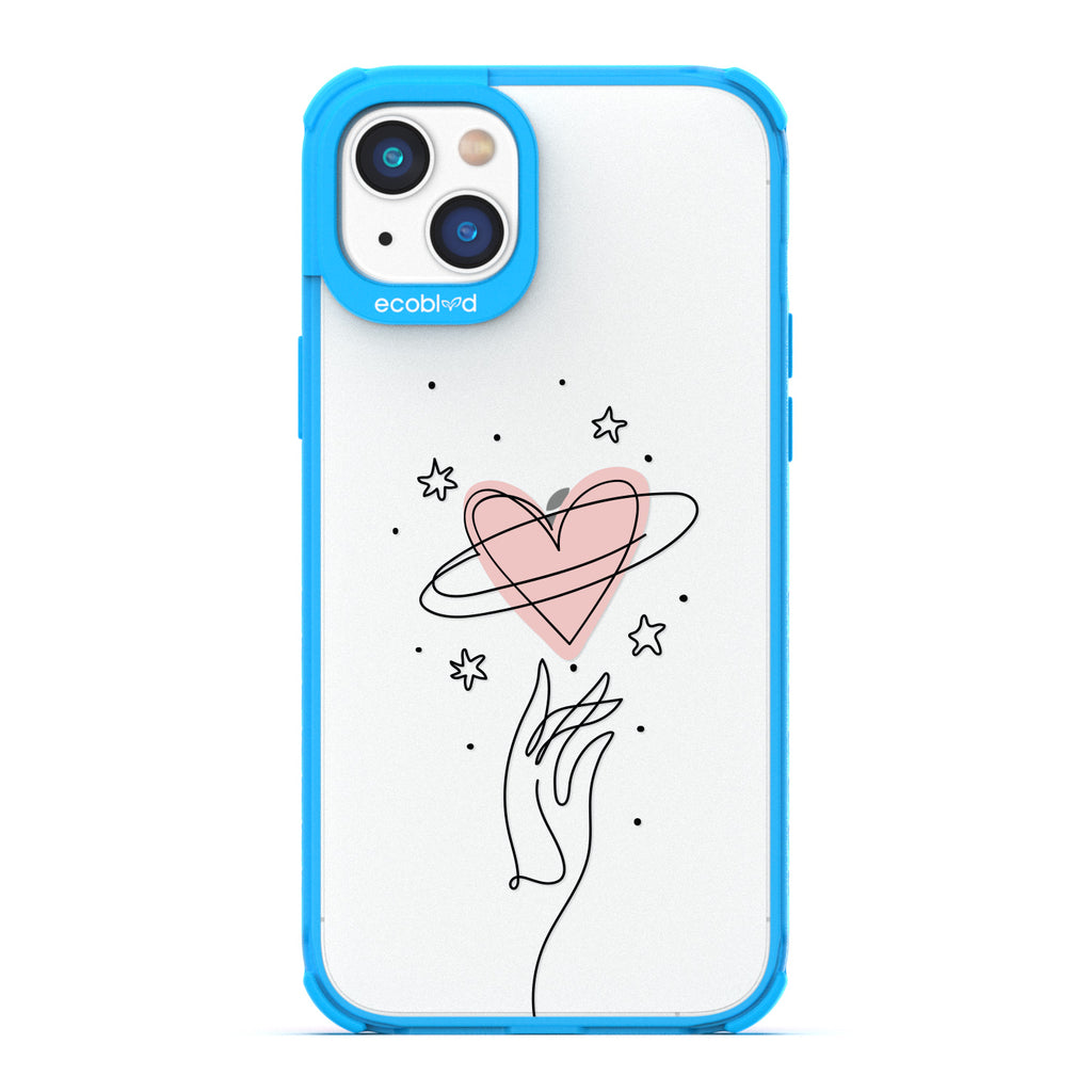 Be Still My Heart - Blue Compostable iPhone 14 Plus Case - Line Art Hand Reaching Out For Pink Heart, Stars On A Clear Back