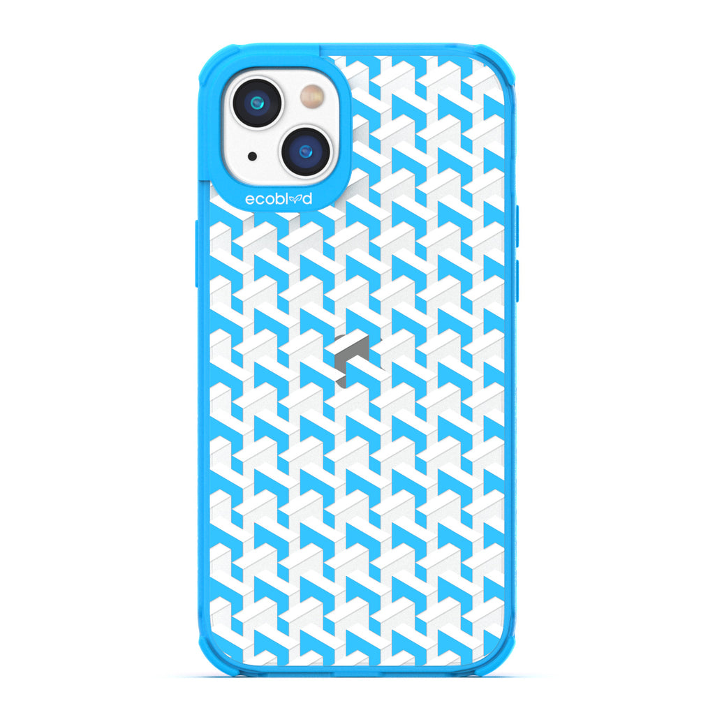 Timeless Collection - Blue Laguna Compostable iPhone 14 Plus Case With High-Fashion Inspired Chevron Print On A Clear Back