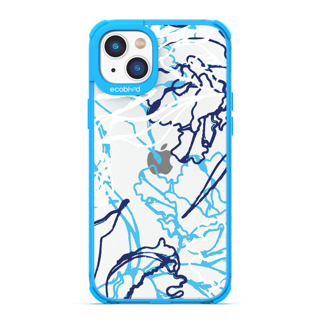 Contemporary Collection - Blue Compostable iPhone 14 Case - Minimalist Abstract Lines & Squiggles On A Clear Back