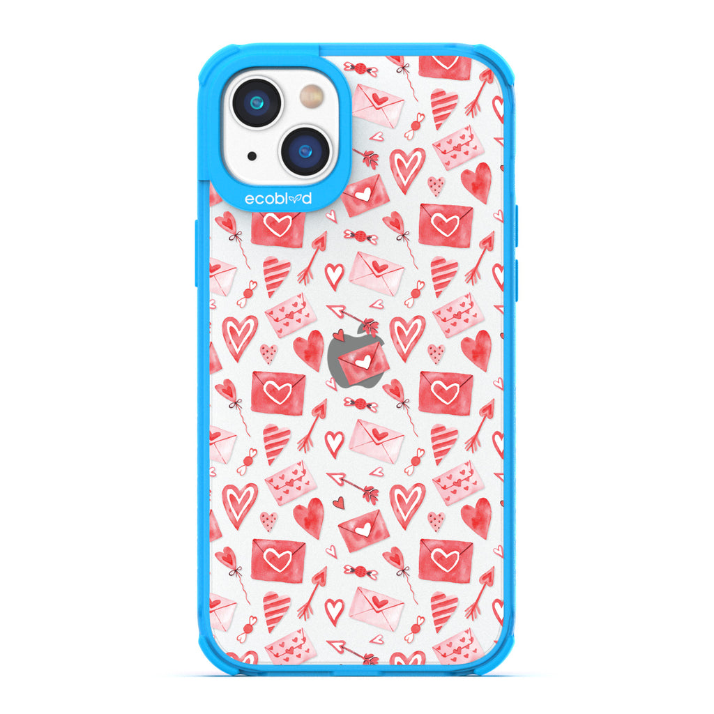 Love Collection - Blue Compostable iPhone 14 Case - Red & Pink Love Letter Envelopes, Hearts & Arrows On Clear Back