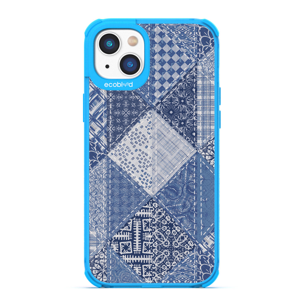 Spring Collection - Blue Compostable iPhone 14 Plus Case - Patchwork Blue Denim With Paisley Patches On A Clear Back