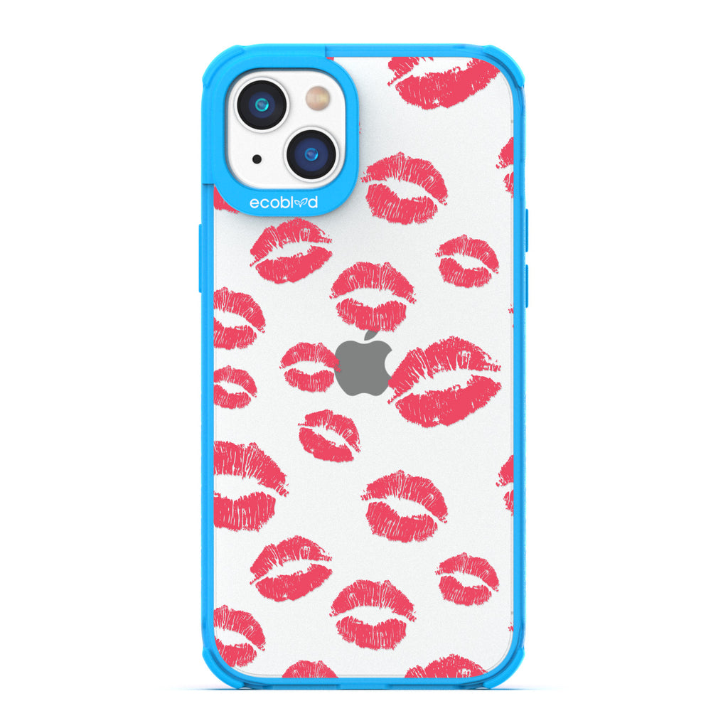 Bisou - Blue Compostable iPhone 14 Plus Case - Multiple Red Lipstick Kisses On A Clear Back