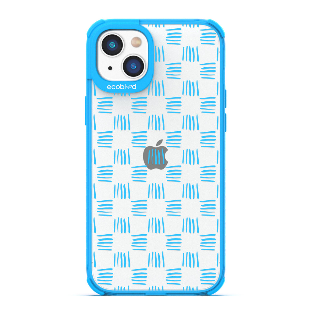 Contemporary Collection - Blue Compostable iPhone 14 Case - Wicker Inspired Rattan Pattern On A Clear Back