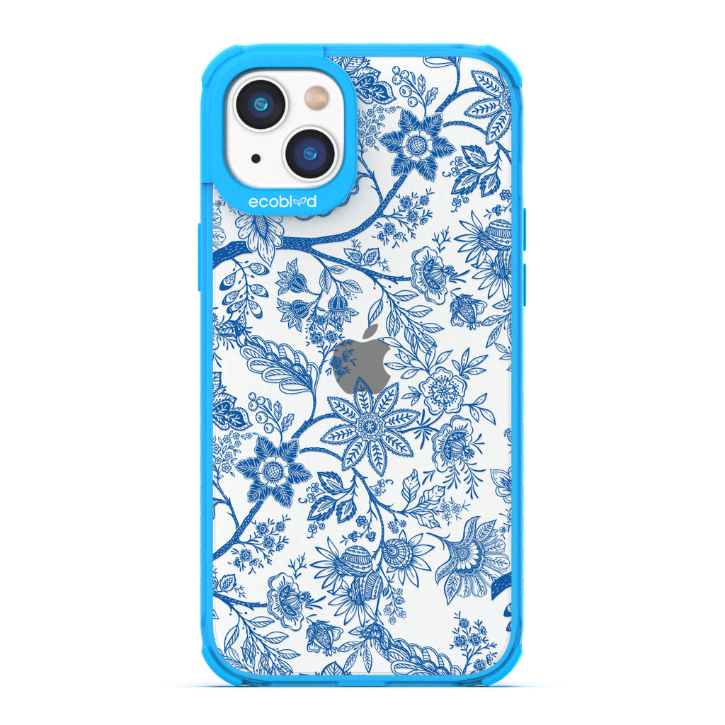 Timeless Collection - Blue Laguna Eco-Friendly iPhone 14 Case With Blue Toile De Jouy Floral Pattern On A Clear Back