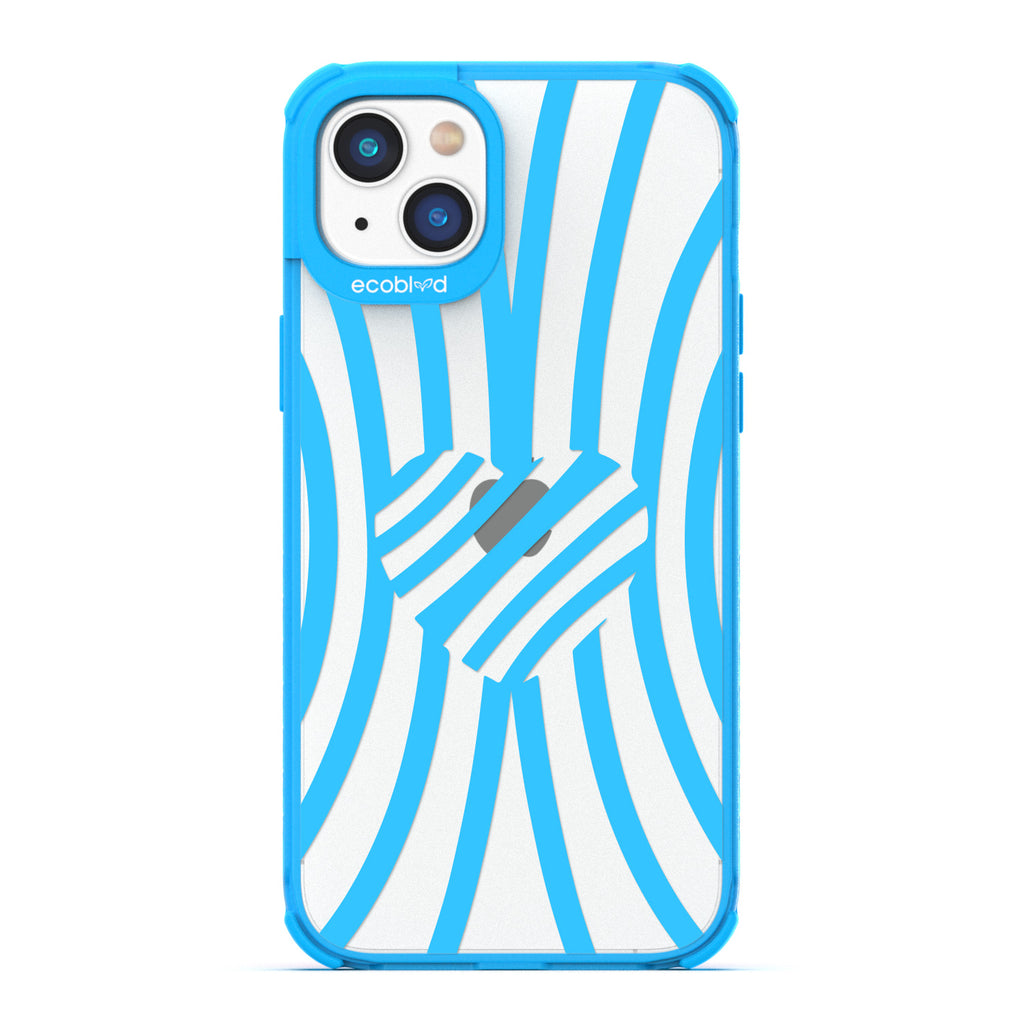 Love Collection - Blue Compostable iPhone 14 Case - Blue Zebra Stripes & A Heart In The Center On A Clear Back