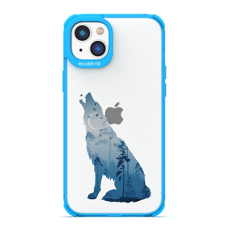 Laguna Collection - Blue Eco-Friendly iPhone 14 Case With A Howling Wolf And Moonlit Woodlands Print On A Clear Back