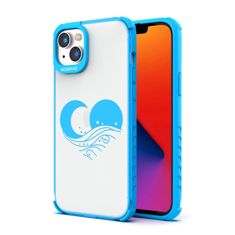 Back View Of The Blue Compostable iPhone 14 Laguna Case With The Eternal Wave Design & Front View Of The Screen