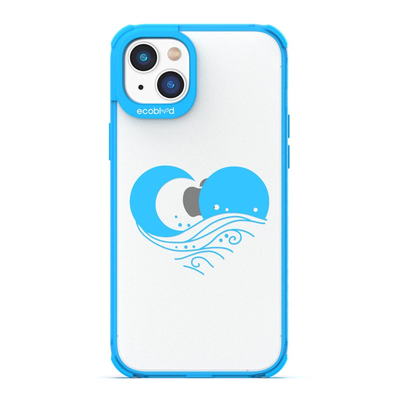 Laguna Collection - Blue Eco-Friendly Apple iPhone 14 Case With The Sun, Moon & A Wave Forming A Heart On A Clear Back