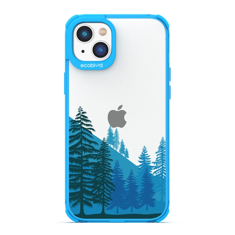 Laguna Collection - Blue Eco-Friendly iPhone 14 Case With A Minimalist Mountainside Pine Tree Forest On A Clear Back