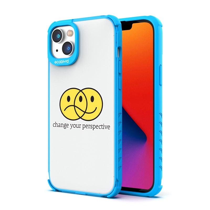 Back View Of Blue Eco-Friendly Laguna iPhone 14 Case With The Perspective Design & Front View Of Screen