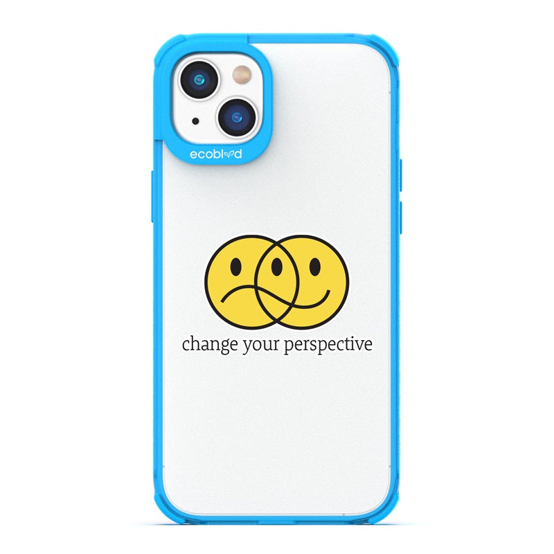 Laguna Collection - Blue Compostable iPhone 14 Case With Happy/Sad Face & Change Your Perspective On A Clear Back