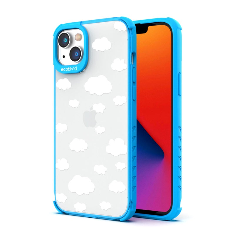 Back View Of The Blue iPhone 14 Laguna Case With The Clouds Design On A Clear Back And Front View Of The Screen