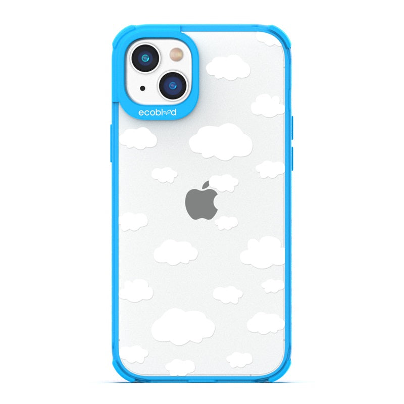 Laguna Collection - Blue Eco-Friendly Apple iPhone 14 Case With A Fluffy White Cartoon Clouds Print On A Clear Back
