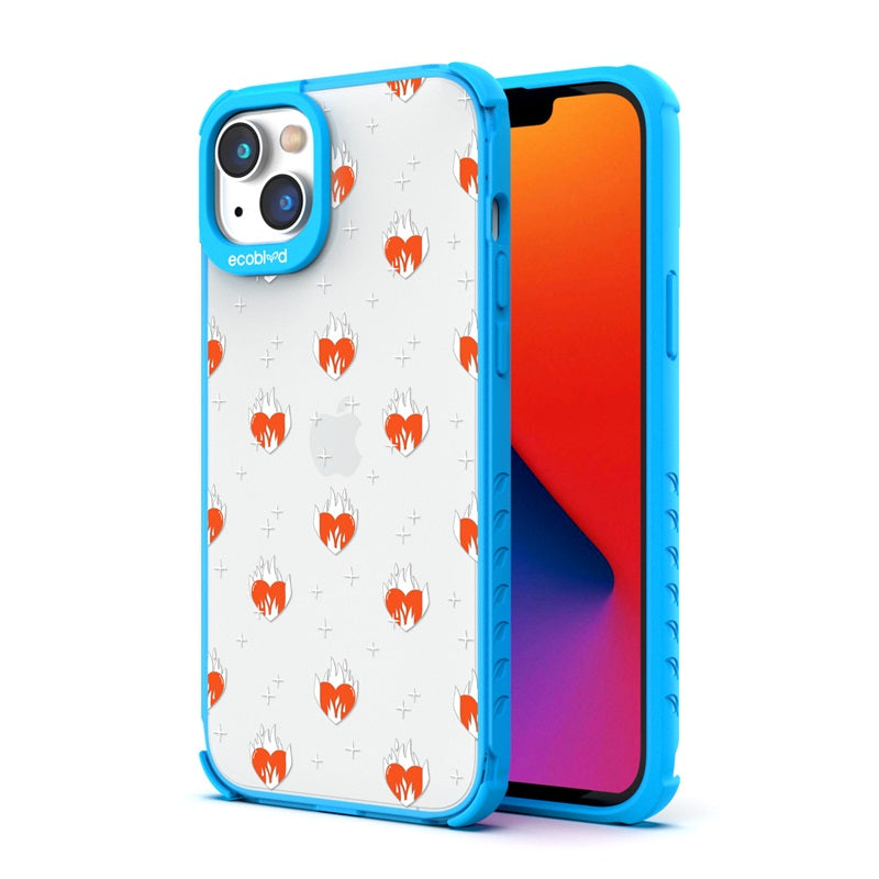 Back View Of The Blue iPhone 14 Laguna Case With The Burning Hearts Design On A Clear Back And Front View Of The Screen