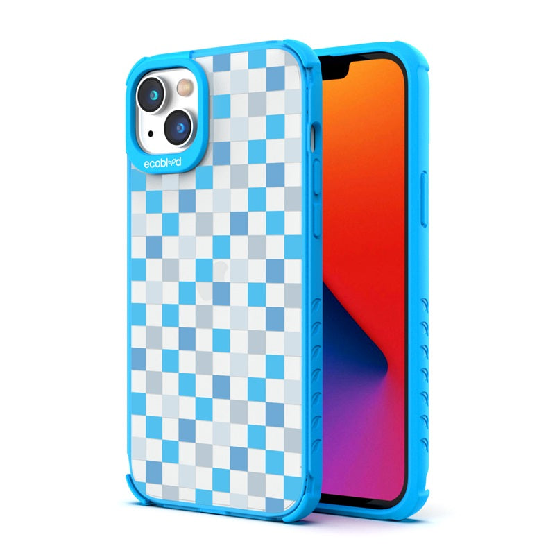 Back View Of The Blue iPhone 14 Laguna Case With The Checkered Print Design On A Clear Back And Front View Of The Screen