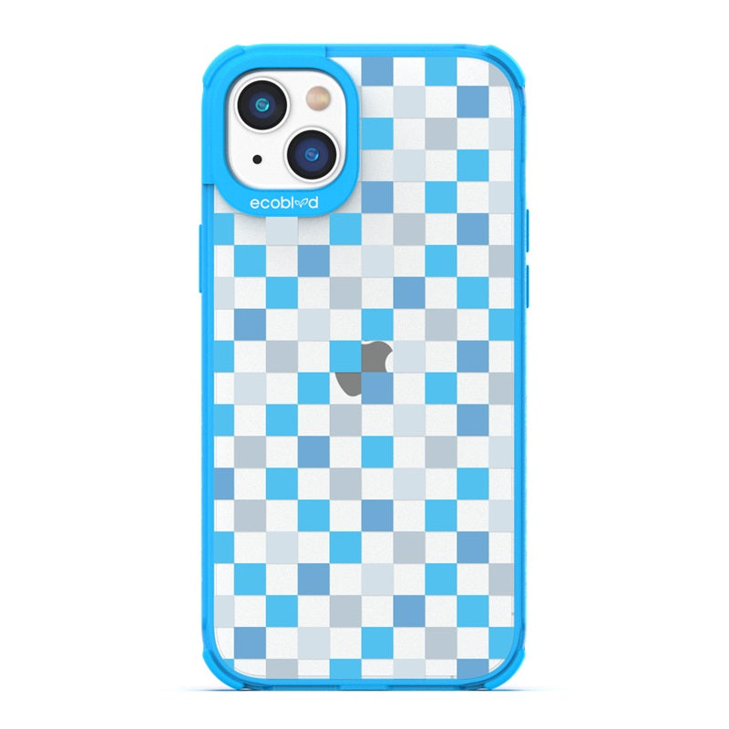 Laguna Collection - Blue Eco-Friendly Apple iPhone 14 Case With A Checkered Print Pattern On A Clear Back 