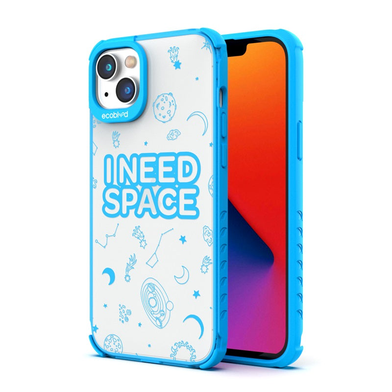 Back View Of The Blue Compostable iPhone 14 Laguna Case With I Need Space Design & Front View Of The Screen