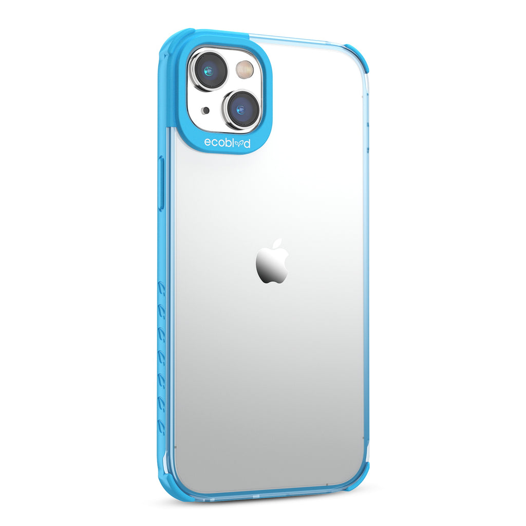 Right View Of Blue Laguna Collection iPhone 14 Case With A Clear Back Showing Raised Camera Ring & Non-Slip Grip