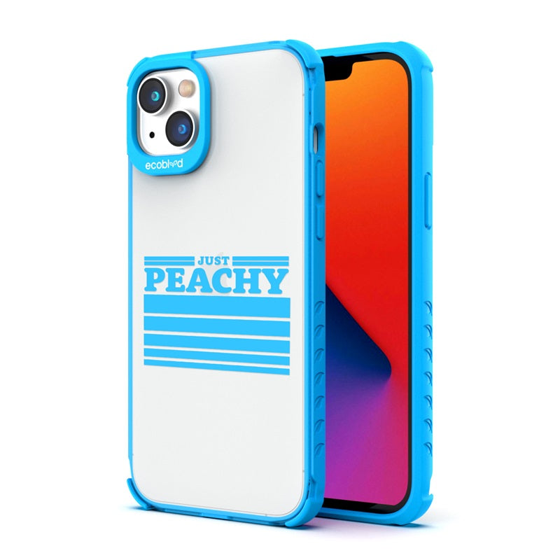 Back View Of The Blue Compostable iPhone 14 Laguna Case With Just Peachy Design & Front View Of The Screen