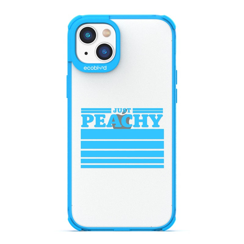 Laguna Collection - Blue Eco-Friendly iPhone 14 Case With Just Peachy Quote & Gradient Sized Stripes On A Clear Back
