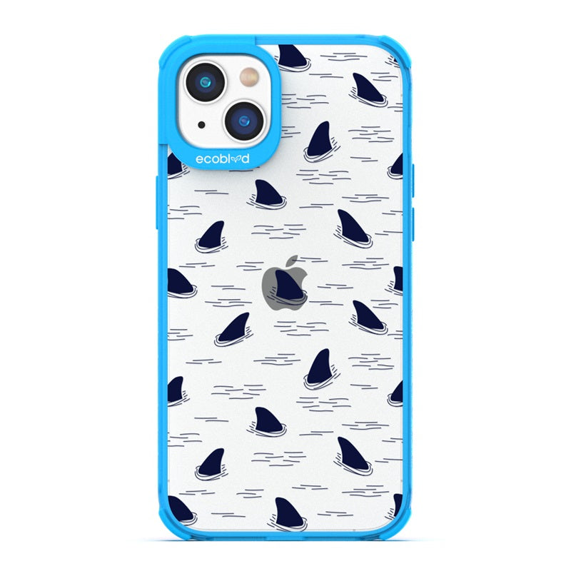 Laguna Collection - Blue Eco-Friendly iPhone 14 Case With Shark Fins Peeking From Water On A Clear Back - Compostable