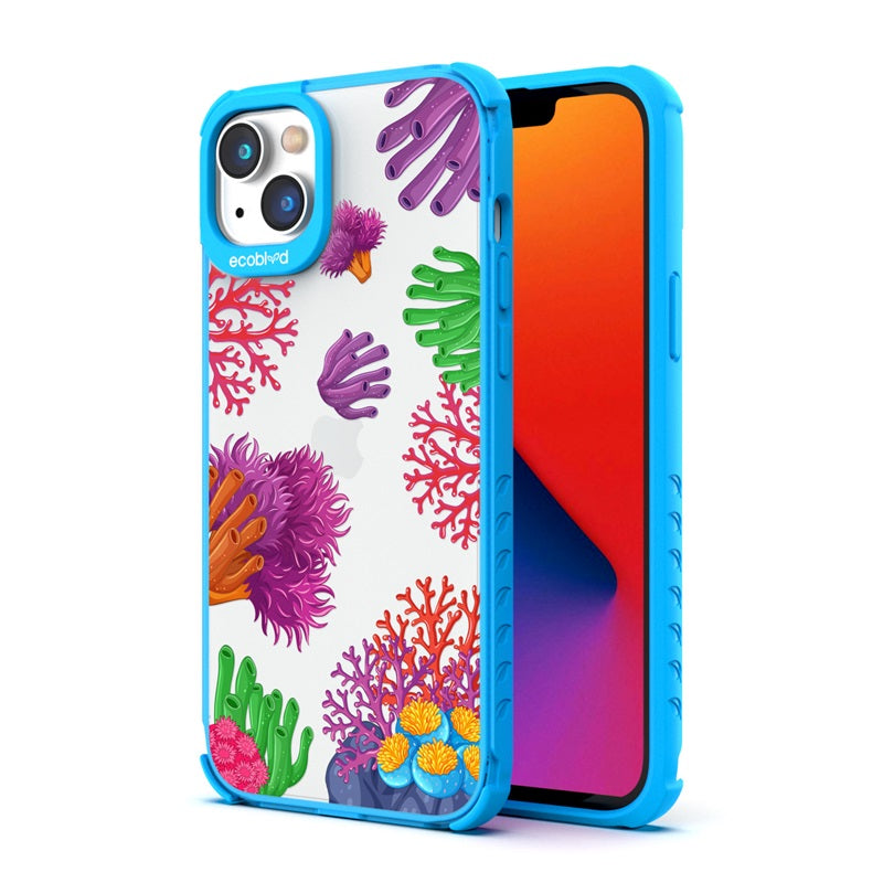 Back View Of Blue Compostable iPhone 14 Laguna Case With The Coral Reef Design & Front View Of The Screen