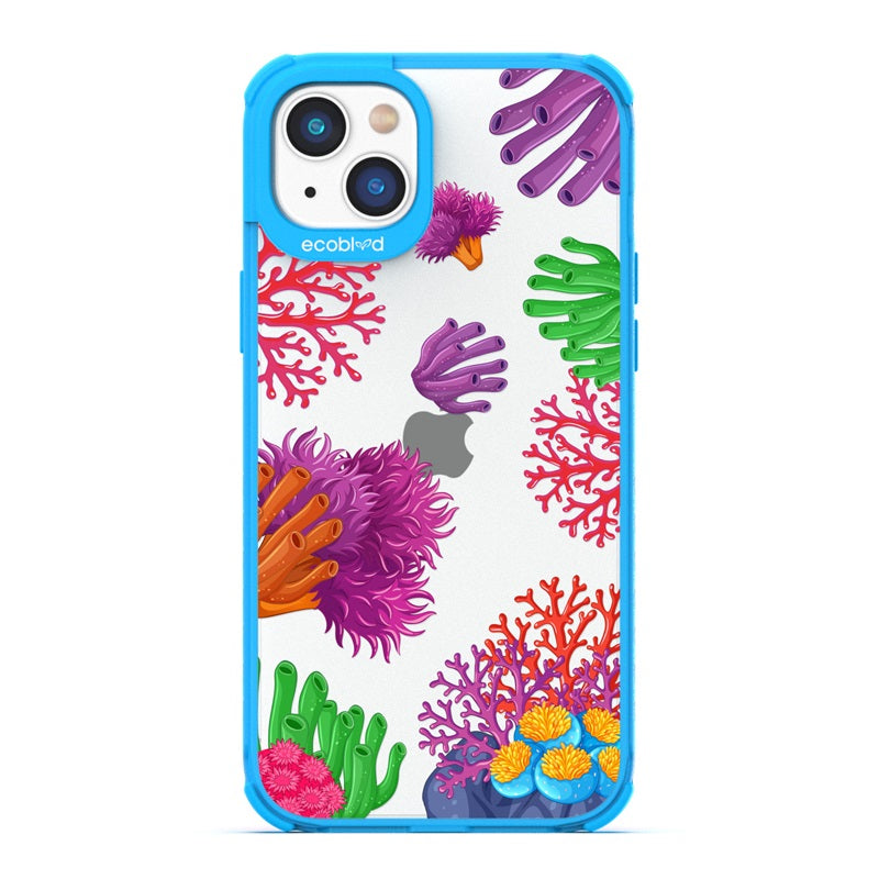 Laguna Collection - Blue Eco-Friendly Apple iPhone 14 Case With A Colorful Underwater Coral Reef Pattern On A Clear Back