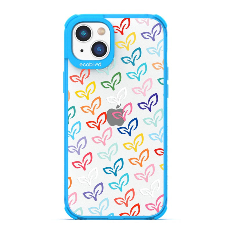Laguna Collection - Blue Eco-Friendly iPhone 14 Case With Colorful V-Leaf Monogram Print On A Clear Back - Compostable