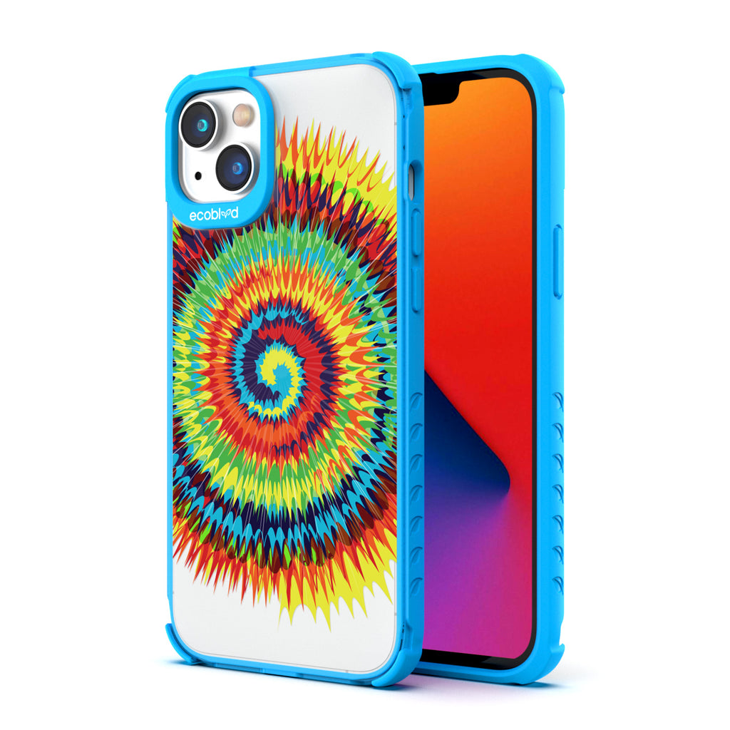 Back View Of The Blue iPhone 14 Laguna Case With The Tie Dye Design On A Clear Back And Front View Of The Screen