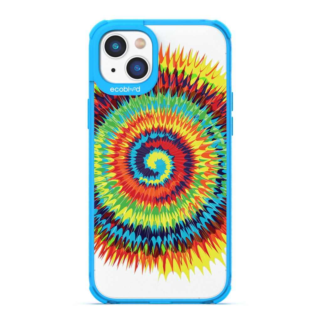 Laguna Collection - Blue Eco-Friendly iPhone 14 Case With A Retro Rainbow Tie Dye Print On A Clear Back - Compostable