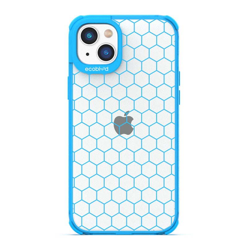 Laguna Collection - Blue Eco-Friendly iPhone 14 Case With A Geometric Honeycomb Pattern On A Clear Back - Compostable