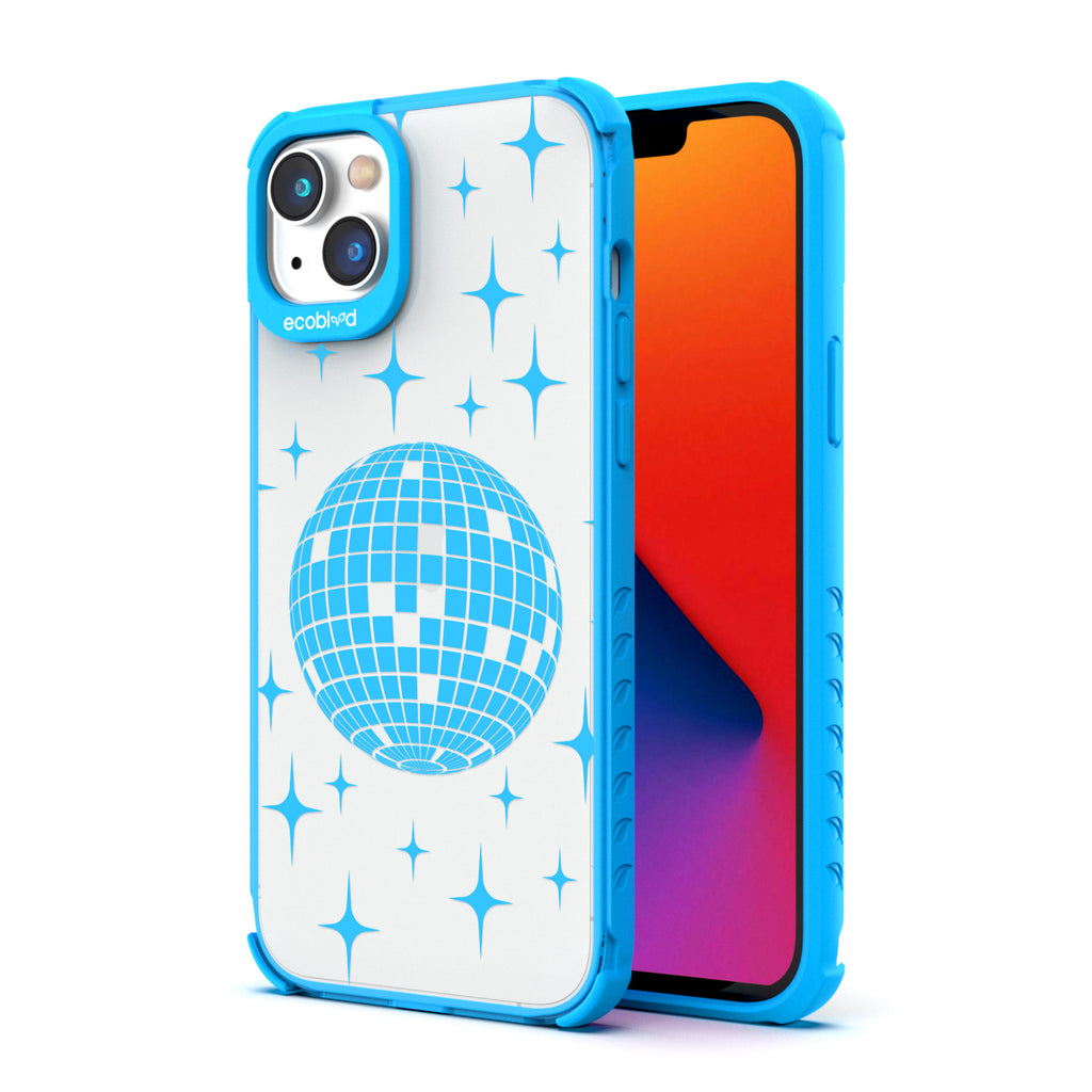 Back View Of Blue Compostable iPhone 14 Clear Case With The Disco With The Flow Design & Front View Of Screen