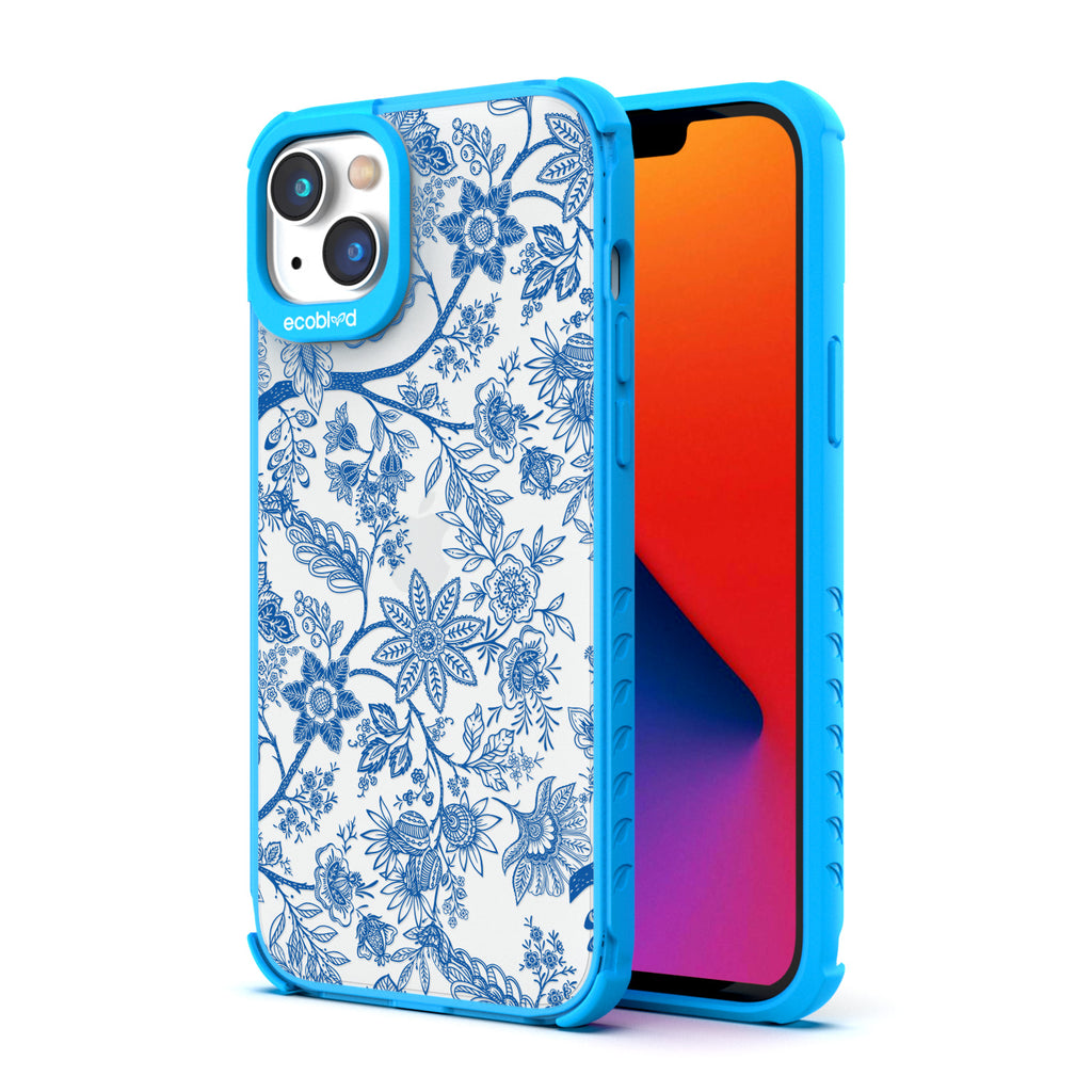 Back View Of Compostable Blue iPhone 14 Plus Timeless Laguna Case With The Flower Crown Design & Front View Of The Screen 