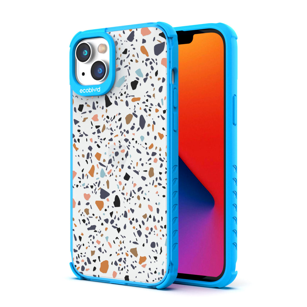 Back View Of Eco-Friendly Blue iPhone 14 Timeless Laguna Case With Terrazzo Design & Front View Of Screen 