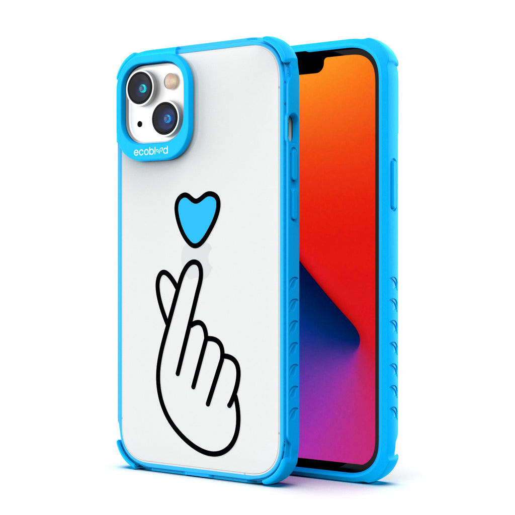 Back View Of Blue Eco-Friendly iPhone 14 Clear Case With The Finger Heart Design & Front View Of Screen