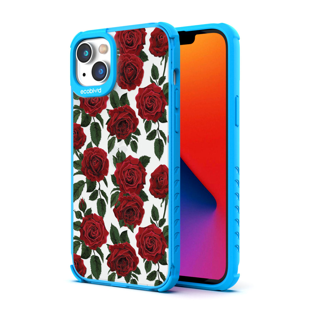 Back View Of Blue Eco-Friendly iPhone 14 Plus Clear Case With The Smell The Roses Design & Front View Of Screen