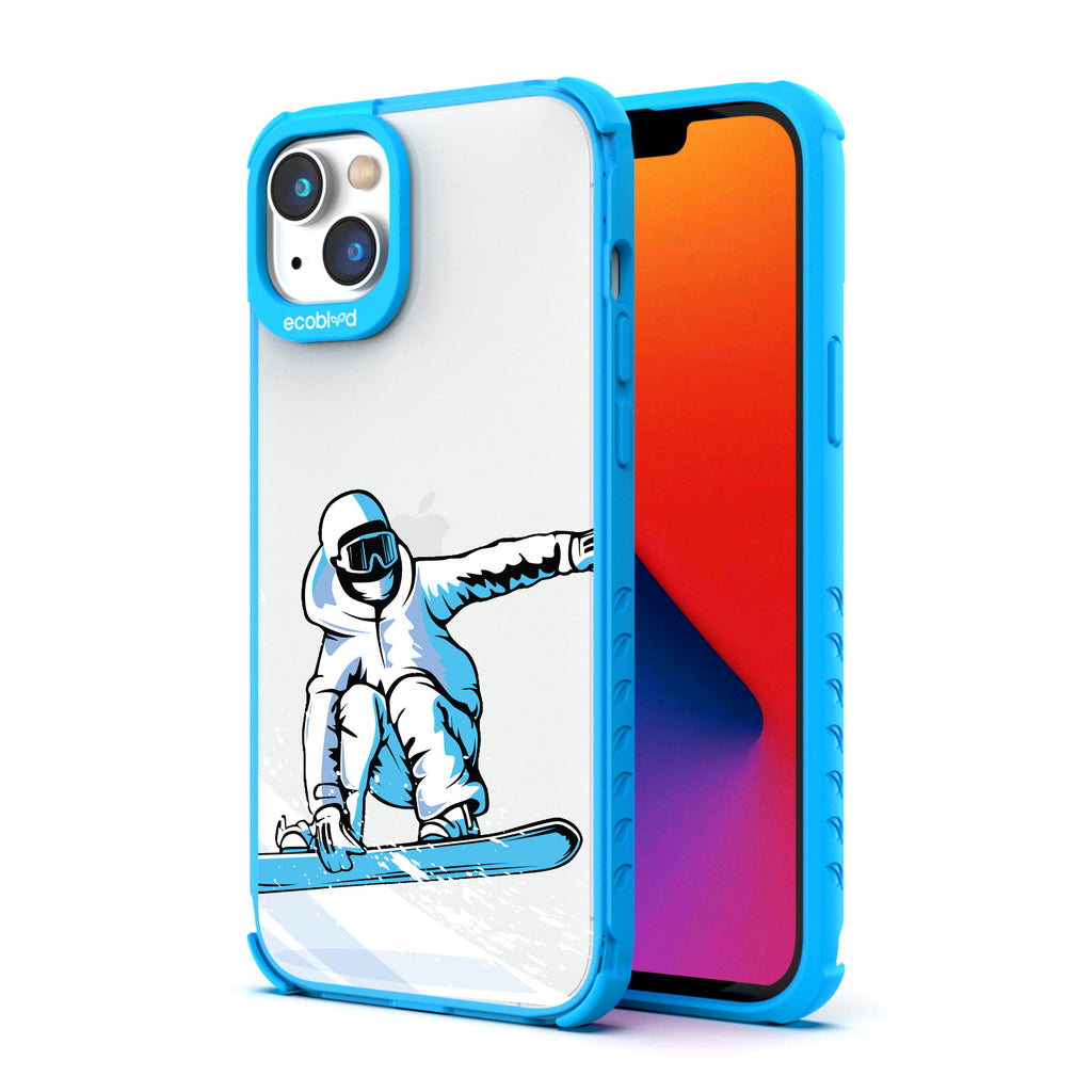 Back View Of Blue Compostable iPhone 14 Plus Clear Case With The Shreddin' The Gnar Design & Front View Of Screen