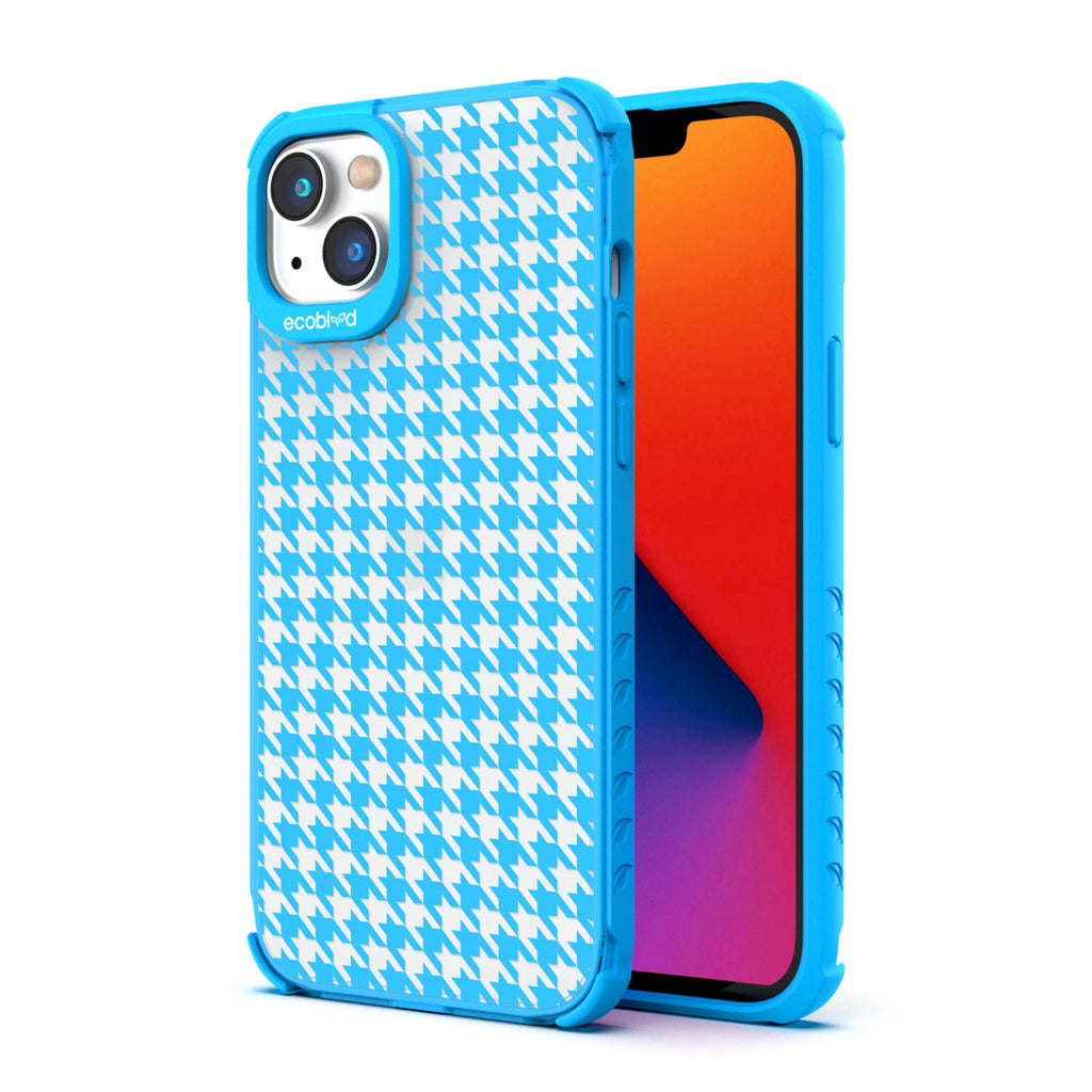 Back View Of Eco-Friendly Blue iPhone 14 Timeless Laguna Case With Houndstooth Design & Front View Of Screen 