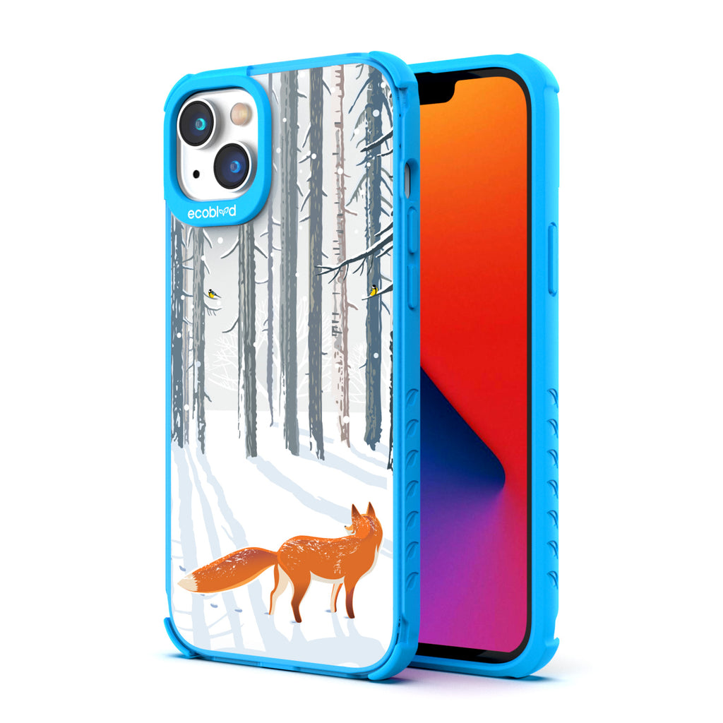 Back View Of Blue Eco-Friendly iPhone 14 Clear Case With The Fox Trot In The Snow Design & Front View Of Screen