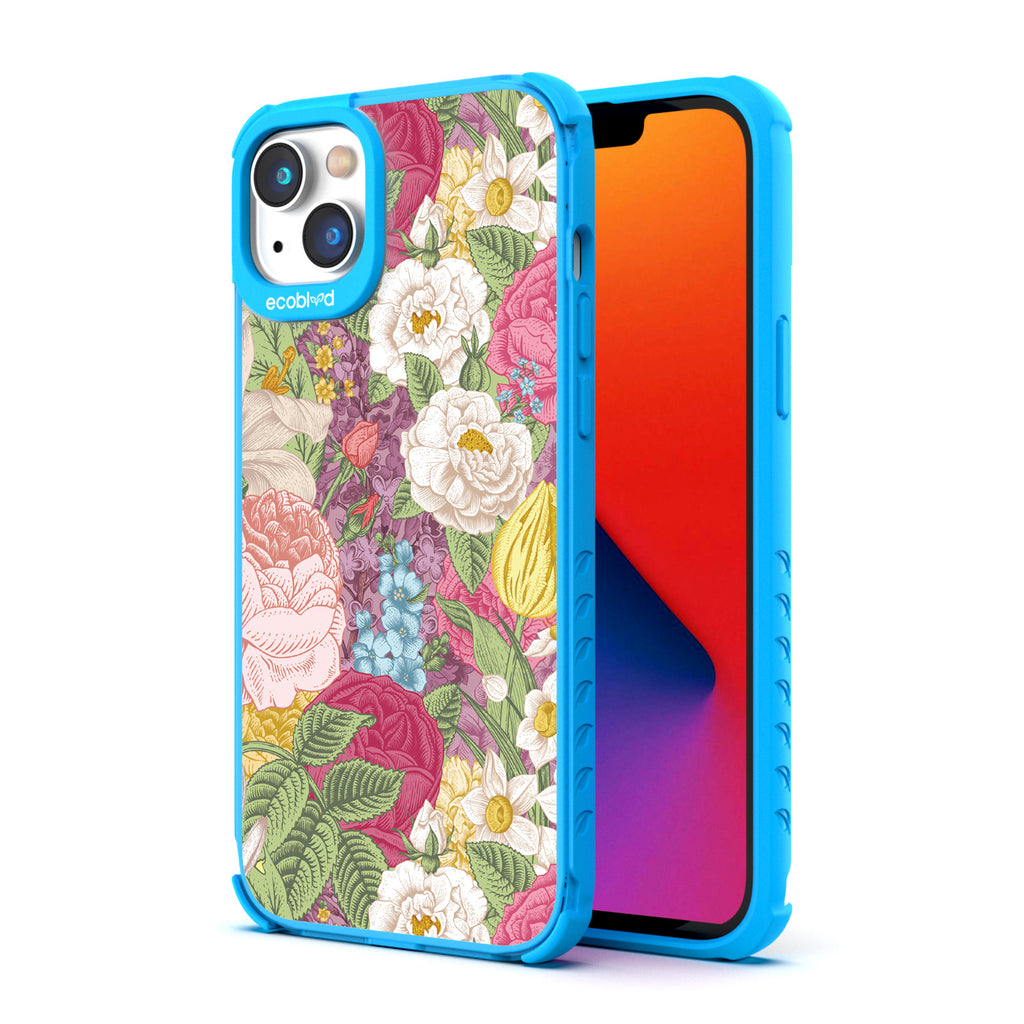 Back View Of Eco-Friendly Blue Phone 14 Plus Timeless Laguna Case With The In Bloom Design & Front View Of The Screen 
