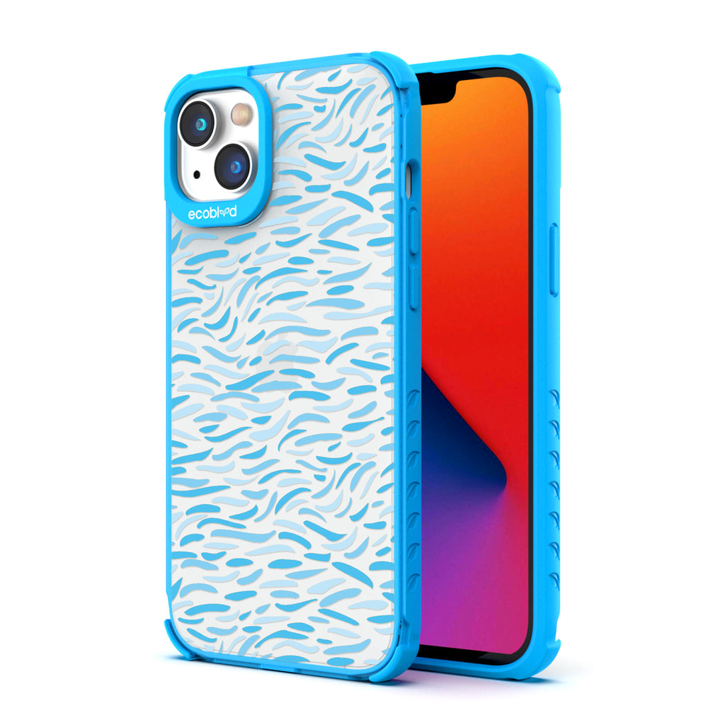 Back View Of Eco-Friendly Blue iPhone 14 Timeless Laguna Case With The Bush Stroke Design & Front View Of The Screen 