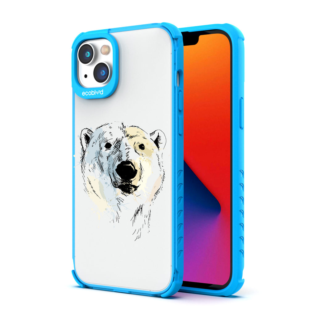 Back View Of Blue Eco-Friendly iPhone 14 Clear Case With The Polar Bear Design & Front View Of Screen