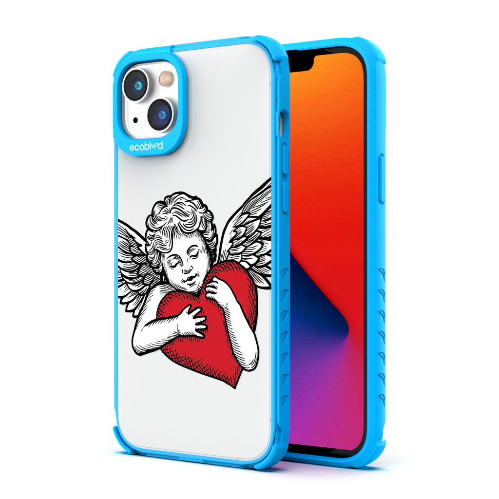 Back View Of Blue Eco-Friendly iPhone 14 Plus Clear Case With The Cupid Design & Front View Of Screen