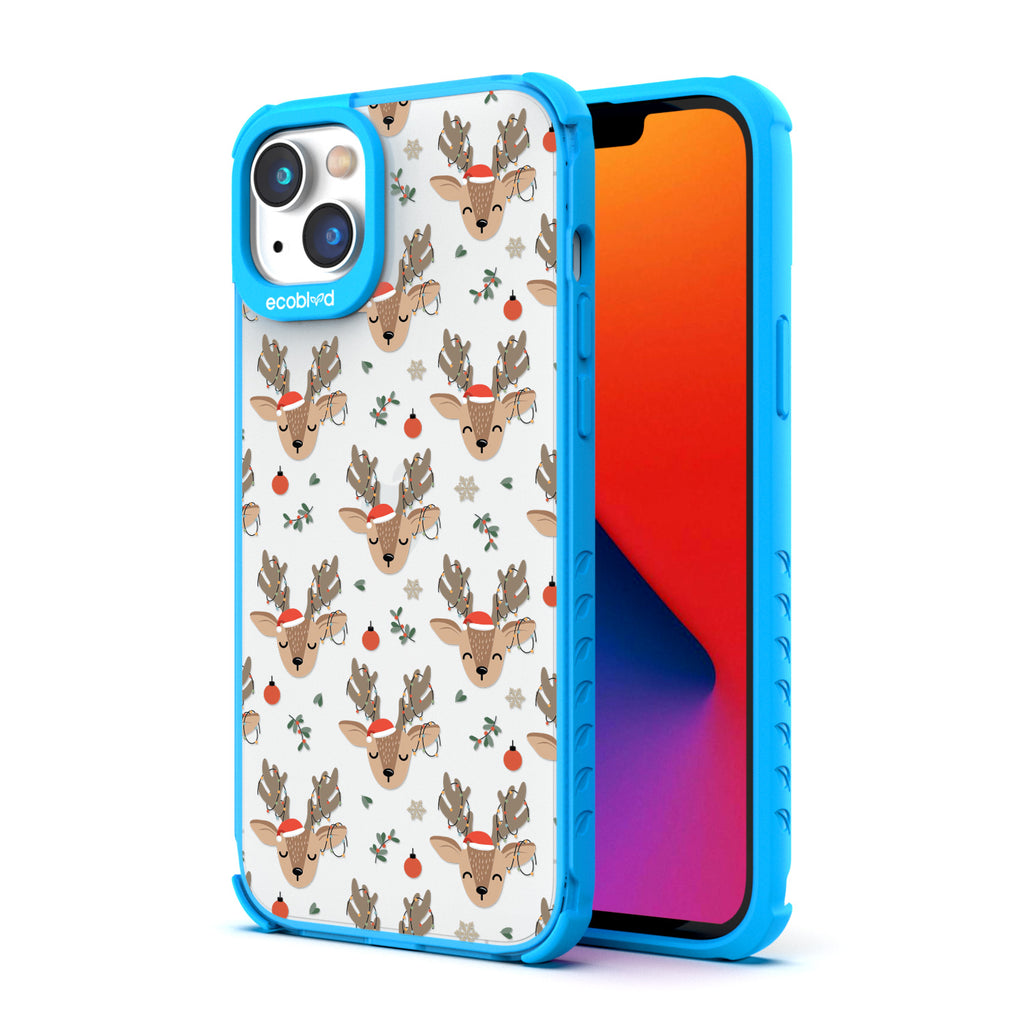 Back View Of Eco-Friendly Blue iPhone 14 Winter Laguna Case With The Oh, Deer Design & Front View Of The Screen
